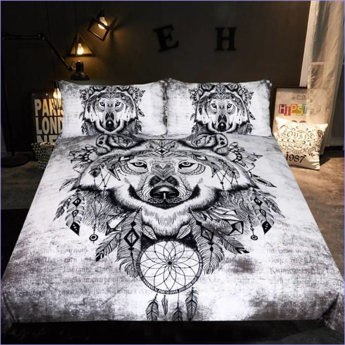 Housse de couette motif loup plume