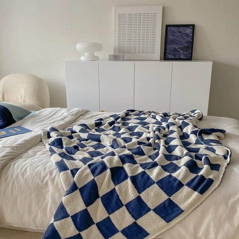 Plaid à Carreaux | Laine Douillette | Designix - Plaid Bleu & Blanc - https://designix.fr/
