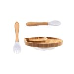 Assiette Bébé bois de bambou avec Fourchette et Cuillère couleur blanc