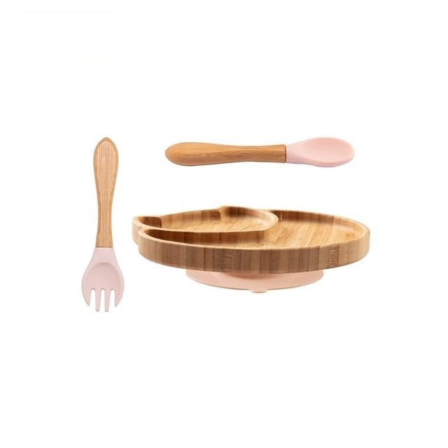Assiette bambou bébé couleur pêche avec couverts