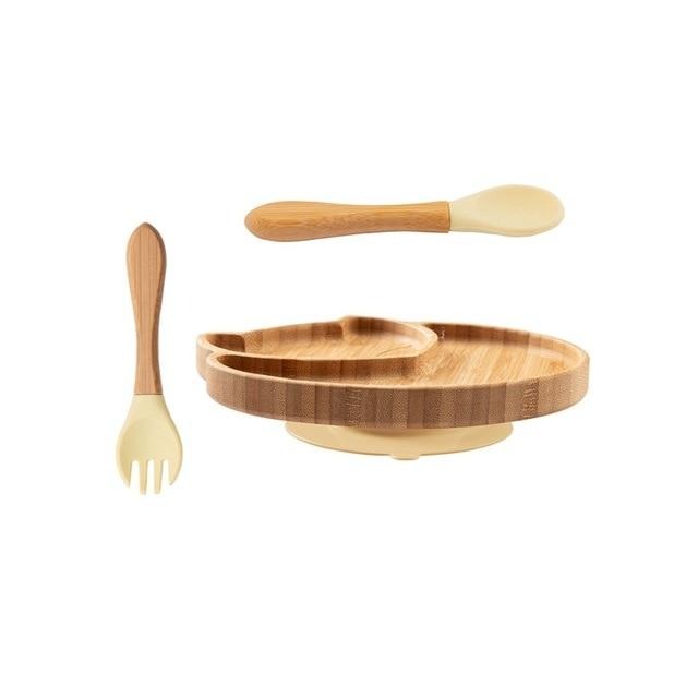 Assiette Bébé bois de bambou avec Fourchette et Cuillère - Couleur jaune