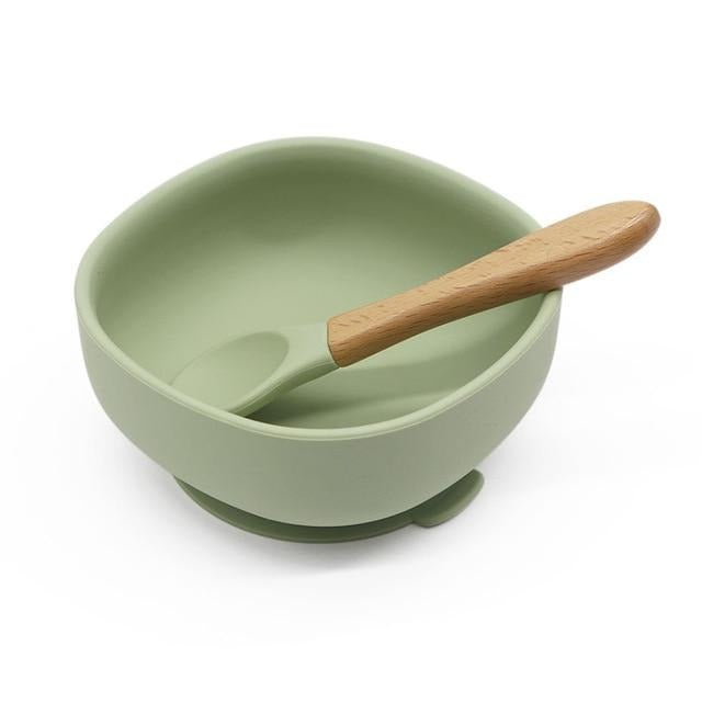 Bol ventouse silicone bébé avec cuillère couleur vert