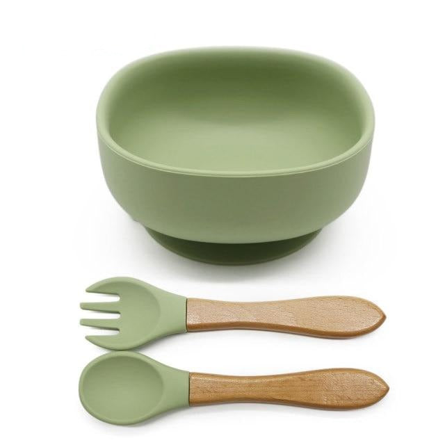 Bol ventouse silicone bébé avec cuillère et fourchette couleur vert