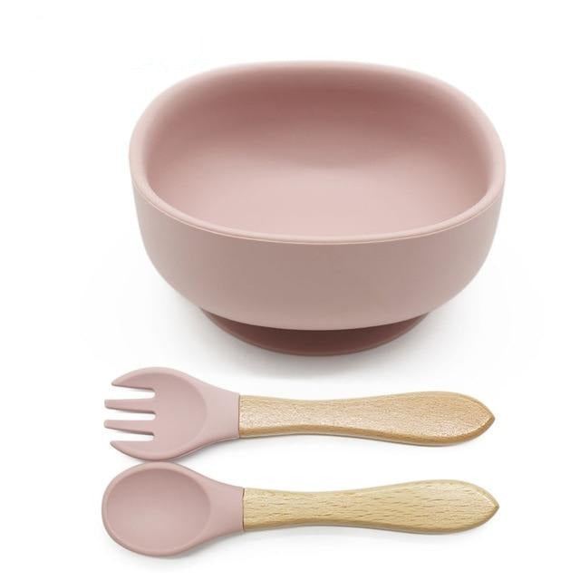 Bol ventouse bébé couleur beige avec cuillère et fourchette
