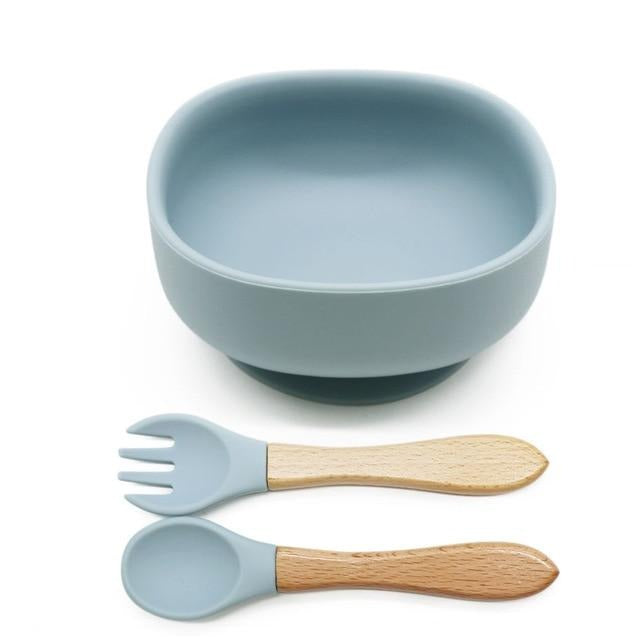 Bol ventouse silicone bébé garçon avec cuillère et fourchette couleur bleu