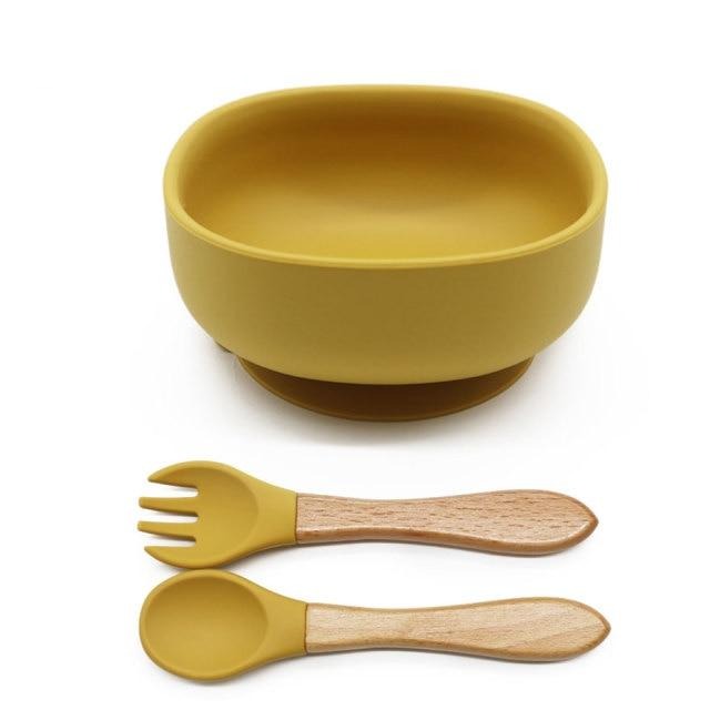 Bol ventouse silicone bébé avec cuillère et fourchette couleur doré
