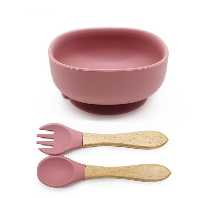Bol ventouse silicone bébé fille avec cuillère et fourchette couleur rose