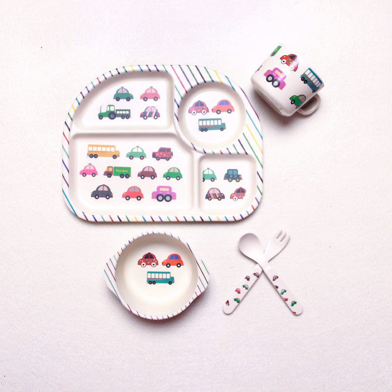 Vaisselle bébé en bambou motif voitures