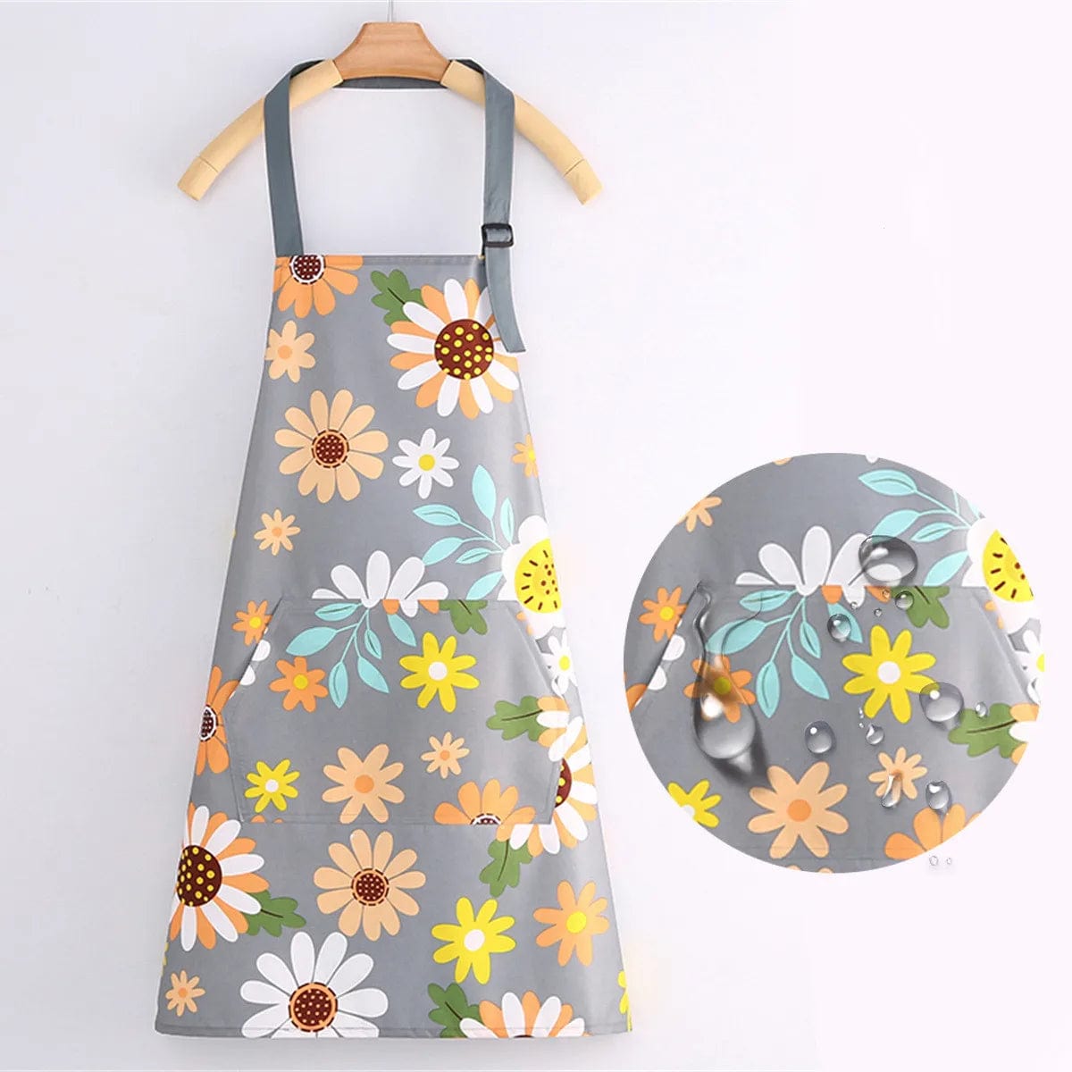 Tablier coton étanche avec fleurs sur gris clair