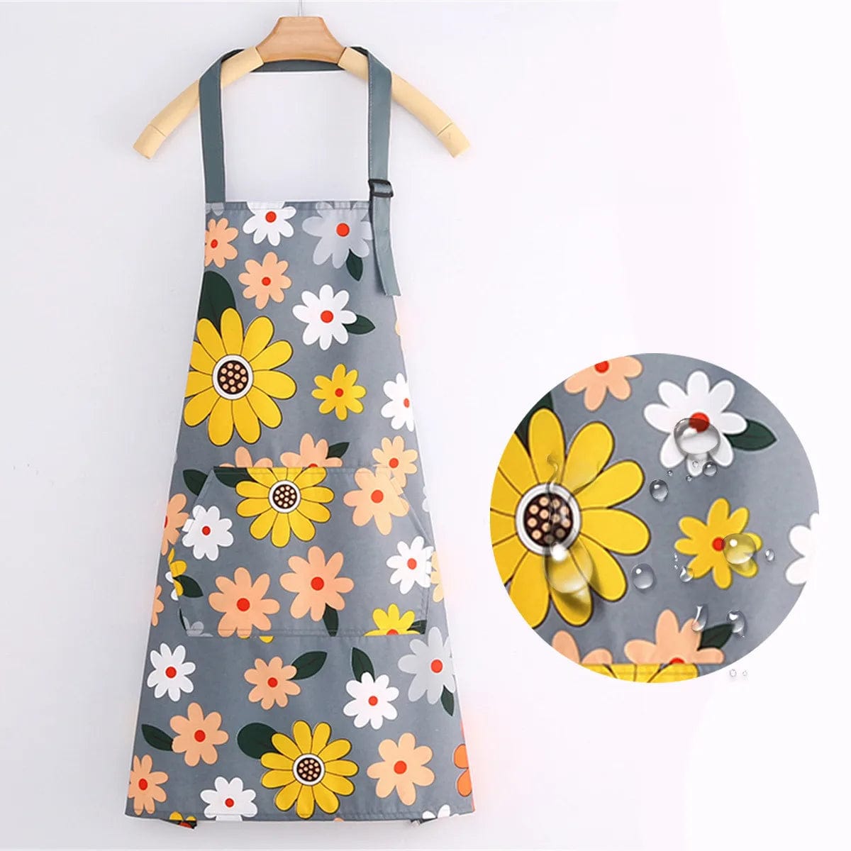 Tablier imperméable motif floral gris foncé en coton
