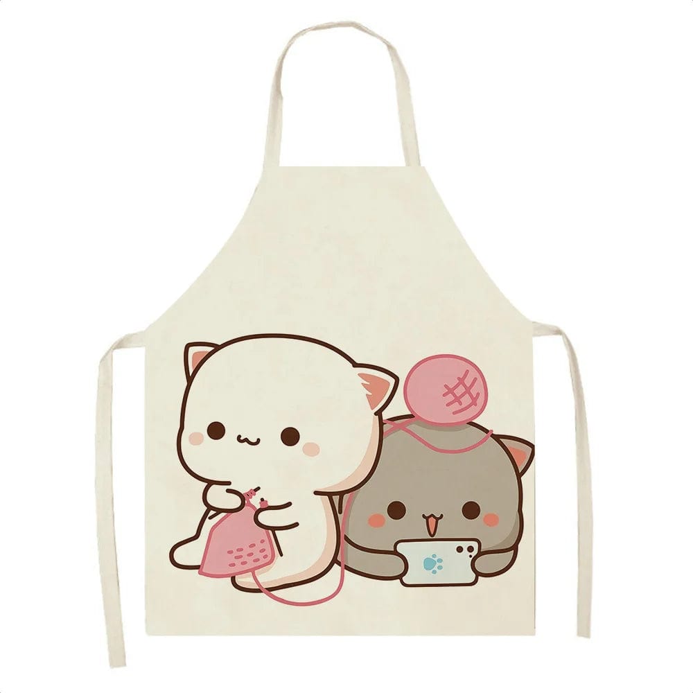 Tablier en Lin Mignon avec Imprimé de Chat Cartoon - Taille Adulte 68x55cm - Cuisine, Restaurant, Chef, Cuisson K / 68x55cm adultsize