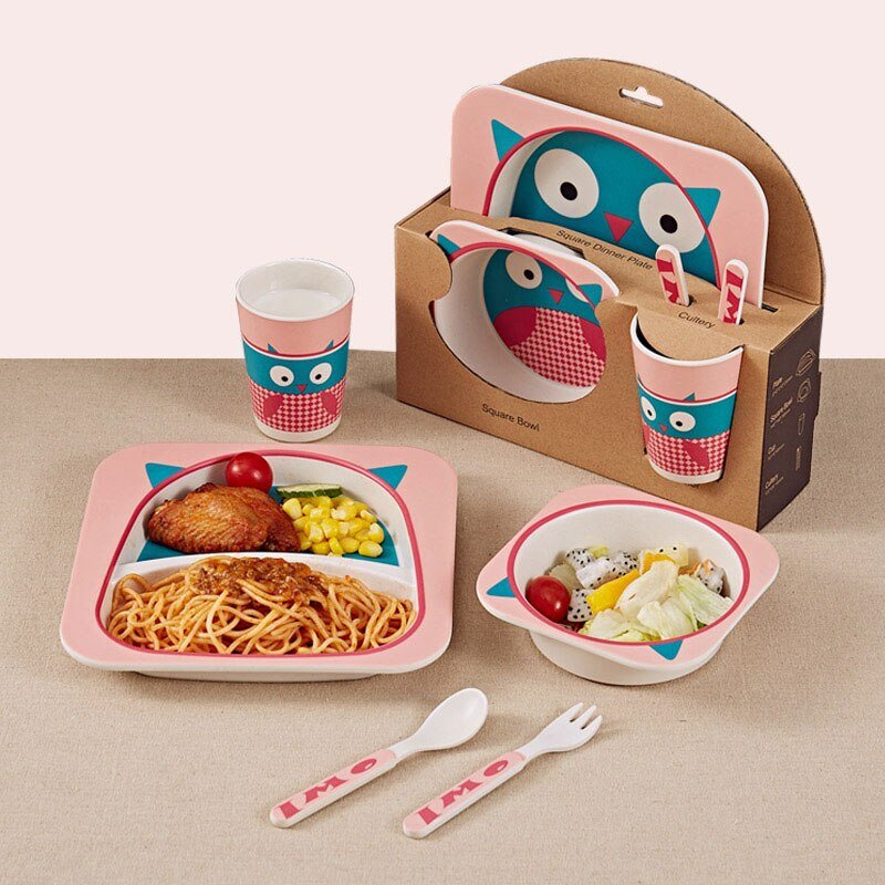 Vaisselle coffret bambou Hibou pour bébé fille 5 pièces – Image 2