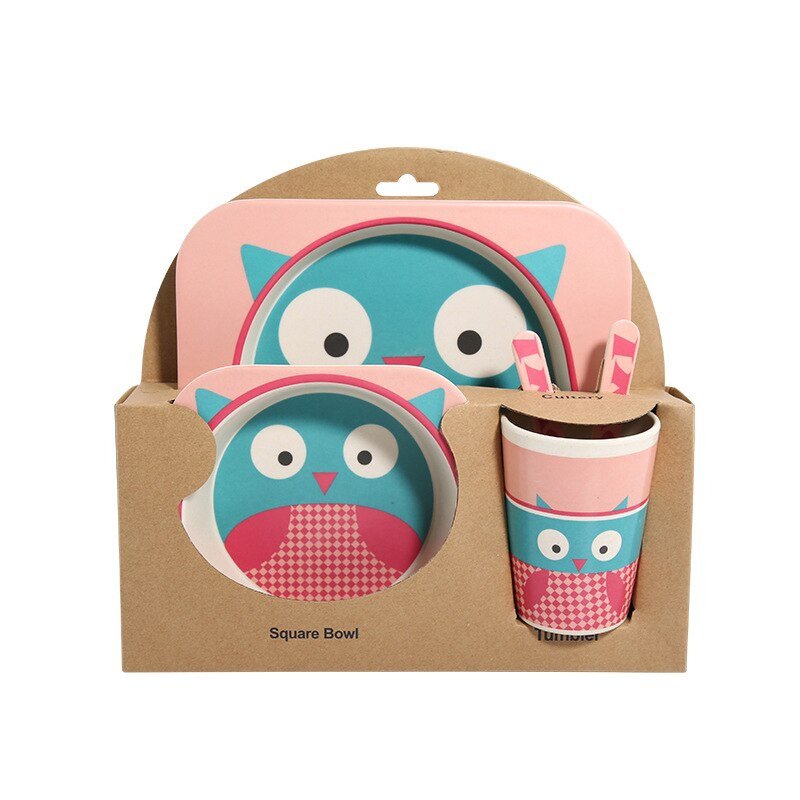 Vaisselle coffret bambou Hibou pour bébé fille 5 pièces