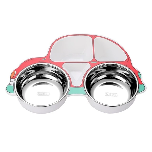 Vaisselle bébé fille inox forme de Voiture - Assiette inox rose